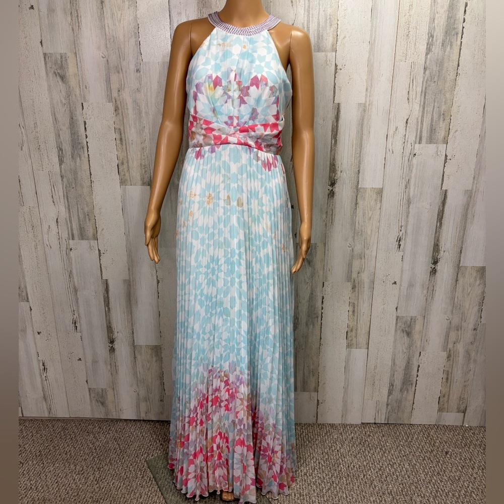 Sleeveless Halter Maxi Dress in Light Blue with Pink Accents